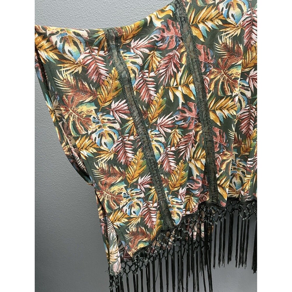 Women's Fringe Hem Open Front Kimono Cover Up Green Tropical Print Boho M - Picture 3 of 7